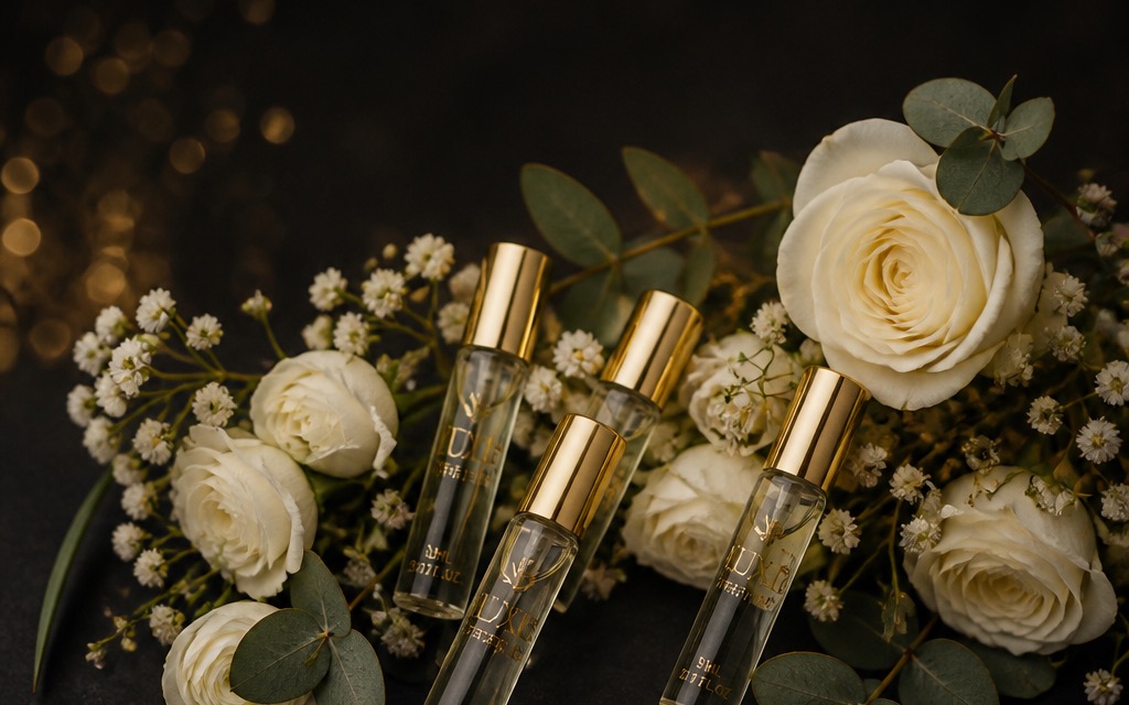 Four 10ml decant vials with gold caps among white roses on a dark background